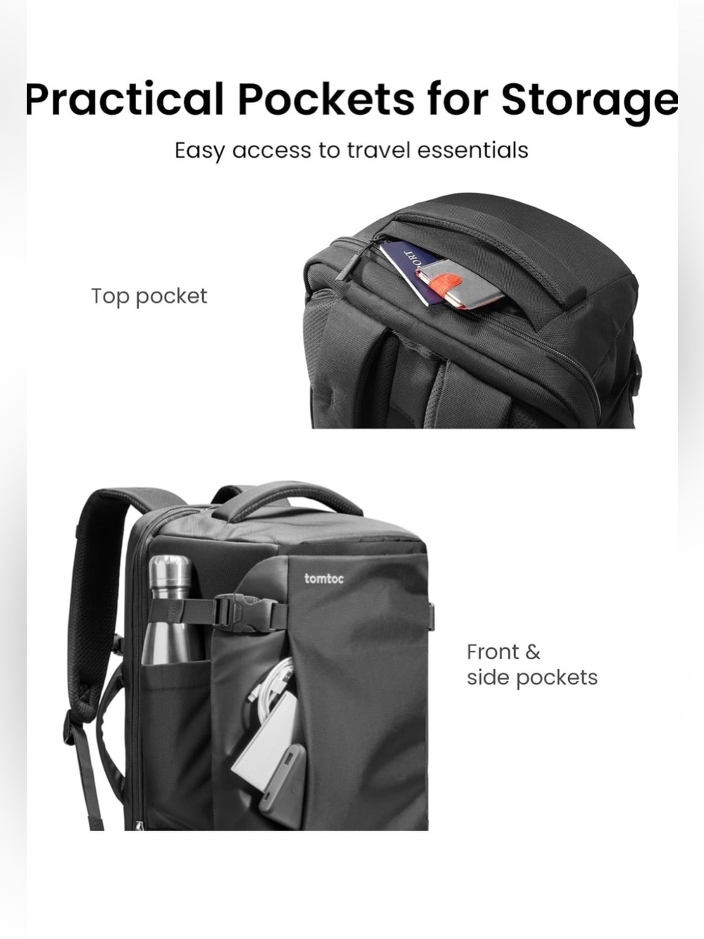 tomtoc Travel Backpack 40L, TSA Carry On Bag Flight Approved, Black - Picture 5 of 10
